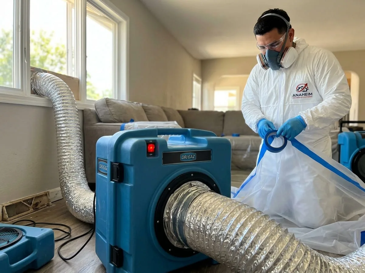 Technician in a protective suit sealing a containment bag beside a running air scrubber connected to ducting