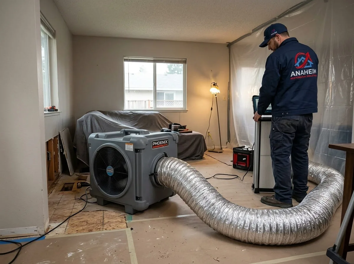 Technician setting up a HEPA air scrubber and flexible ducting next to a covered sofa during remediation work