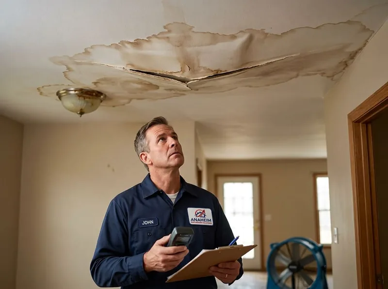 Technician looking up at a large water stain and sagging drywall on a ceiling below a light fixture