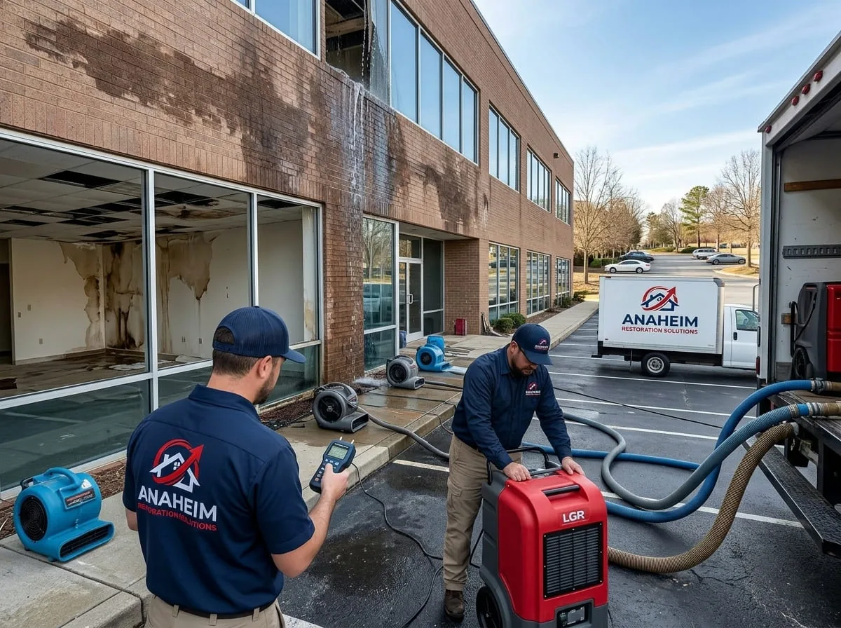 Two restoration technicians inspecting water staining down the exterior brick of a commercial office building, with drying equipment staged outside
