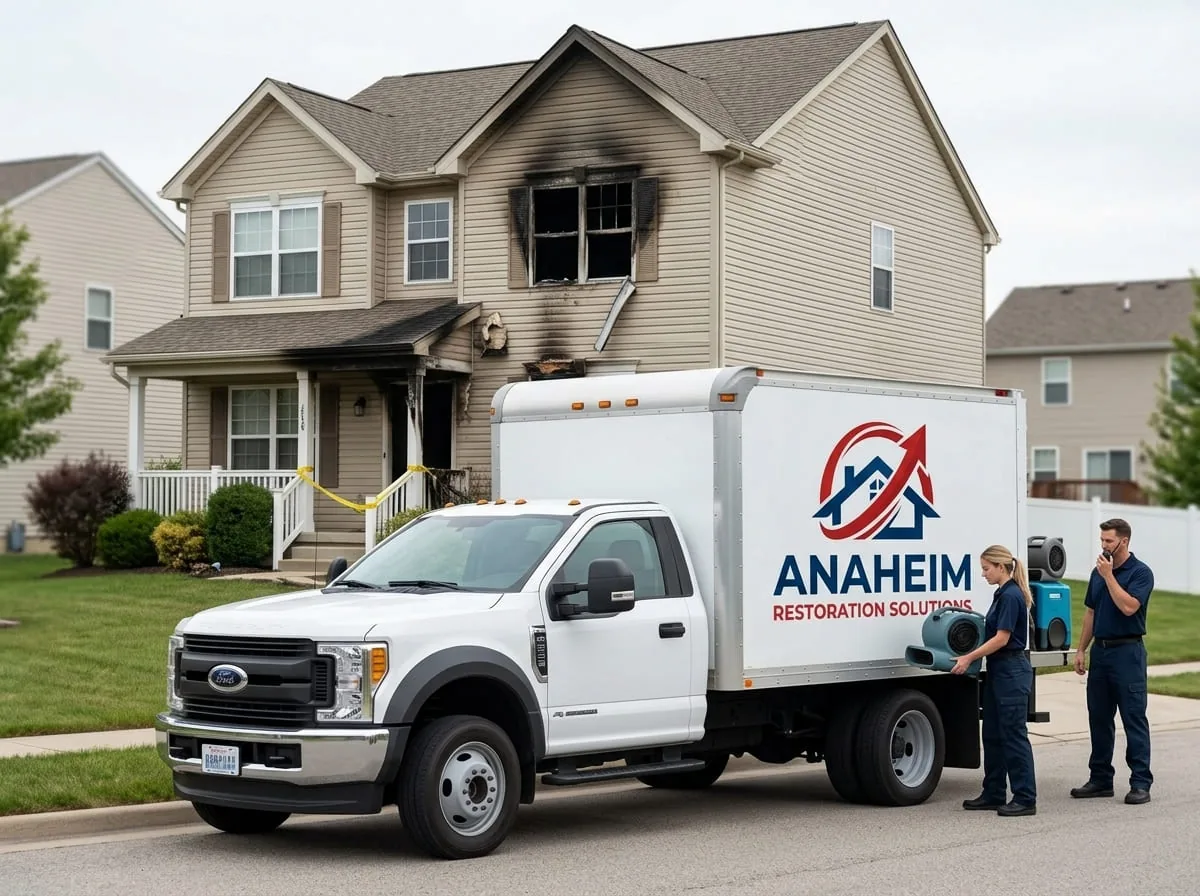 A restoration service truck parked outside a home with a boarded-up fire-damaged window and door