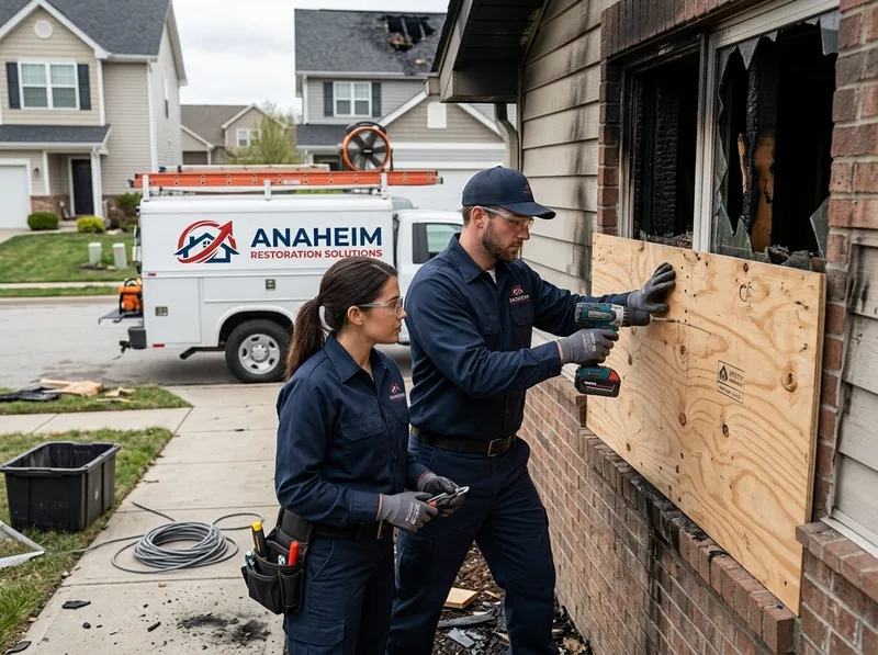 Two technicians securing a plywood board over a fire-damaged window on a home, with the service truck parked in the driveway