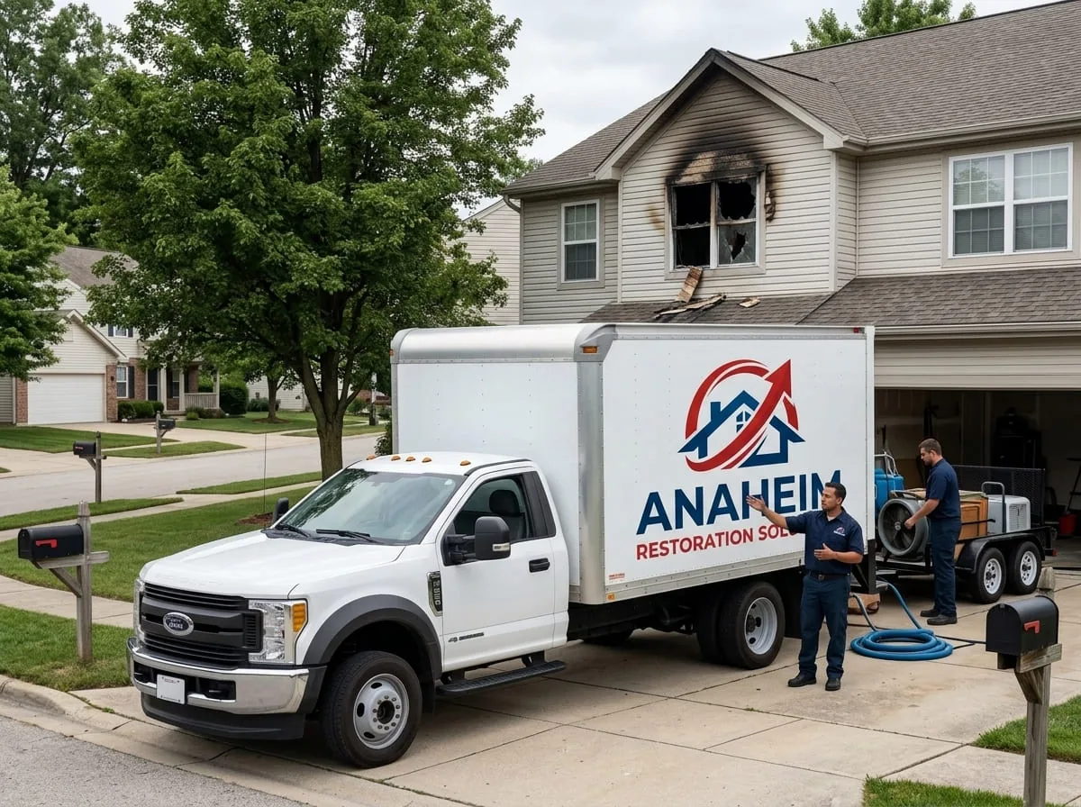 Restoration truck and two technicians unloading air movers and a dehumidifier outside a home with fire damage to an upstairs window