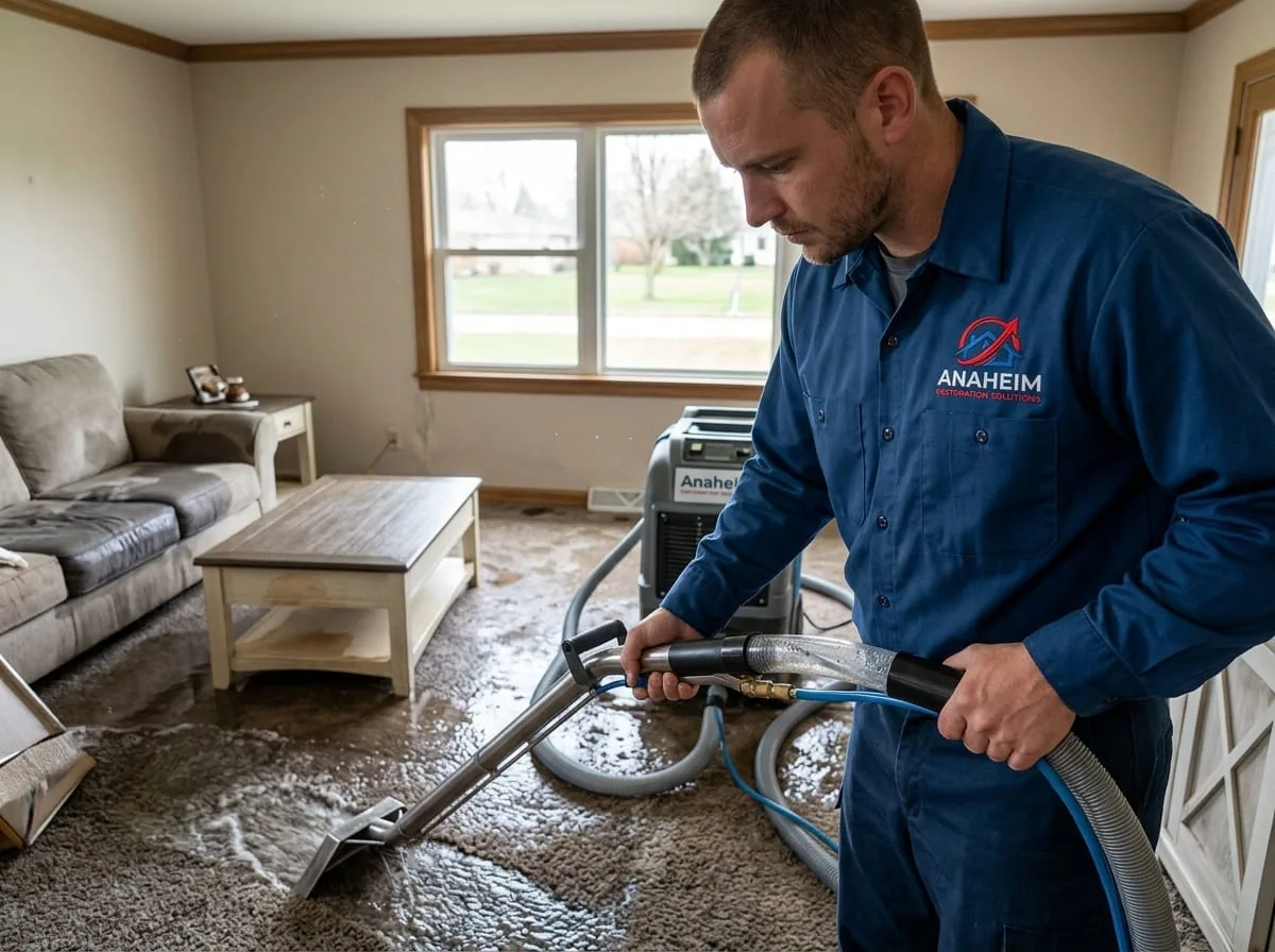 Technician extracting standing water from a flooded living room floor with a wet vacuum hose
