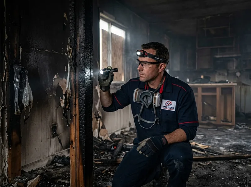 Technician wearing a headlamp and safety glasses inspecting a soot-covered wall and cabinets after a house fire