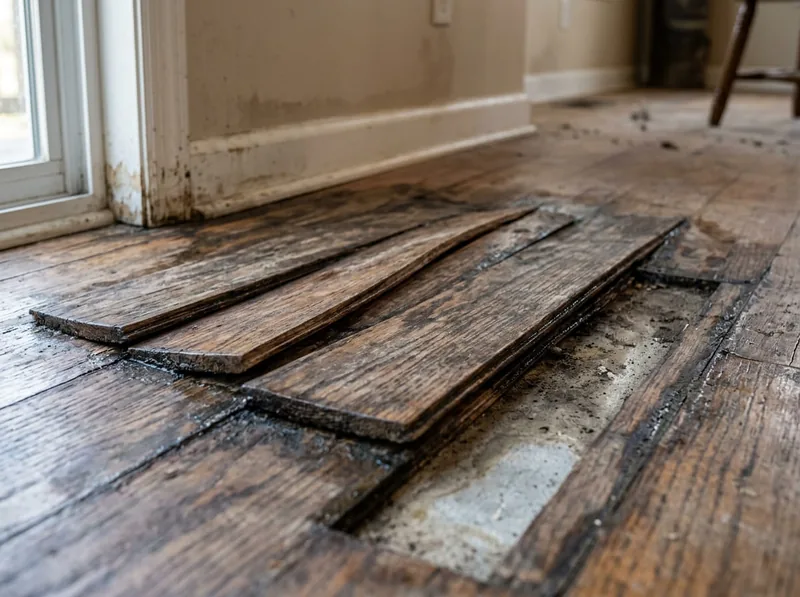 Water-damaged hardwood planks pulled up to expose a stained subfloor underneath