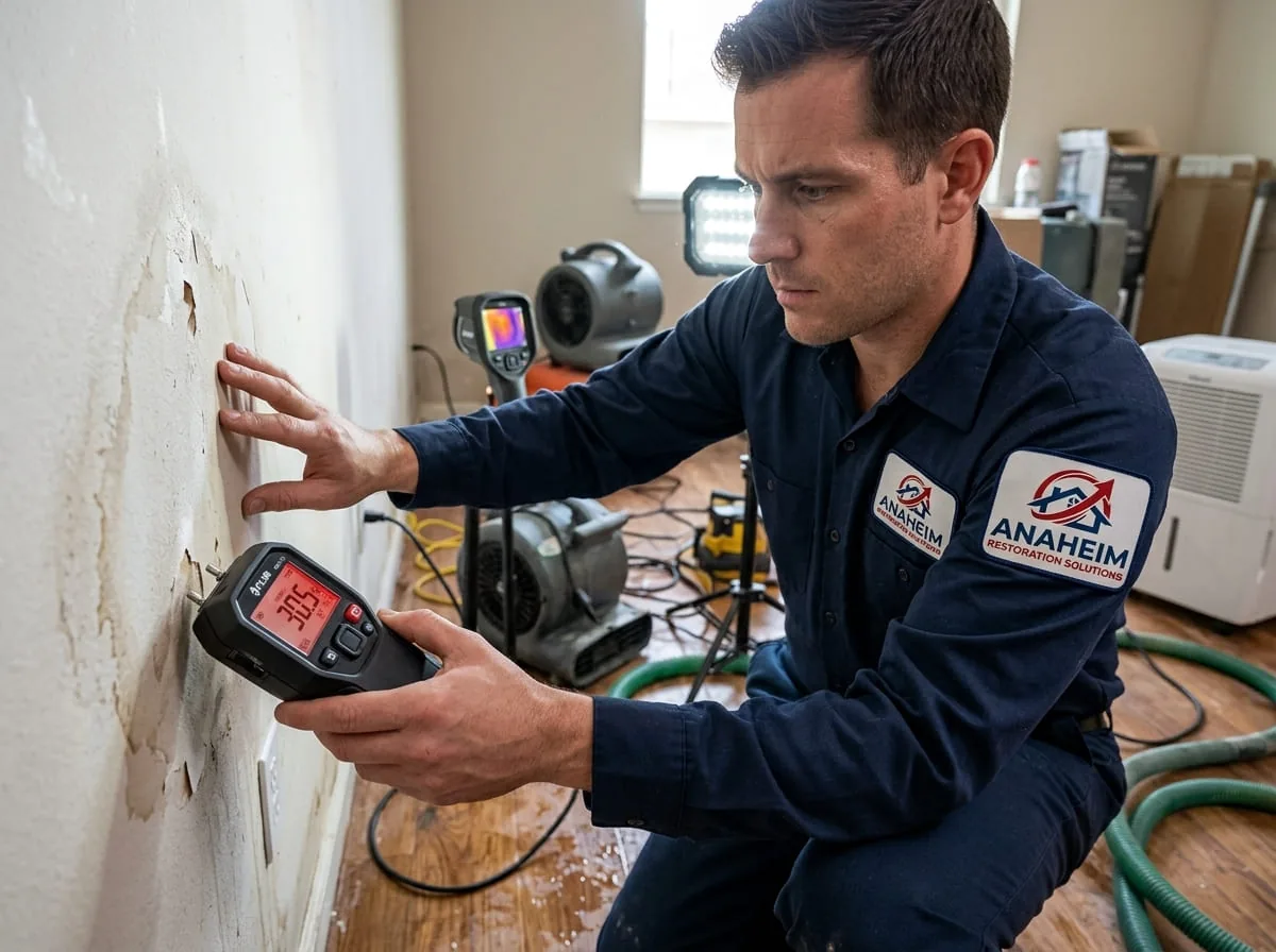 Technician holding a moisture meter against a wall with a thermal imaging camera and air movers visible in the background