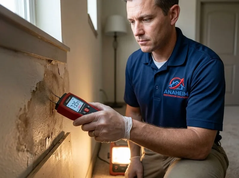 Technician checking a moisture meter reading against a water-damaged baseboard near a window