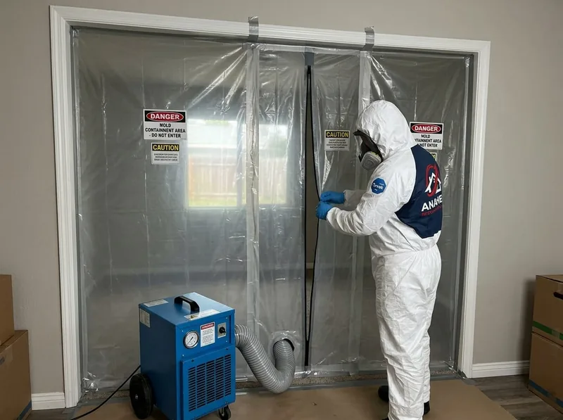 Technician sealing a plastic mold containment barrier posted with caution signage in a closet doorway