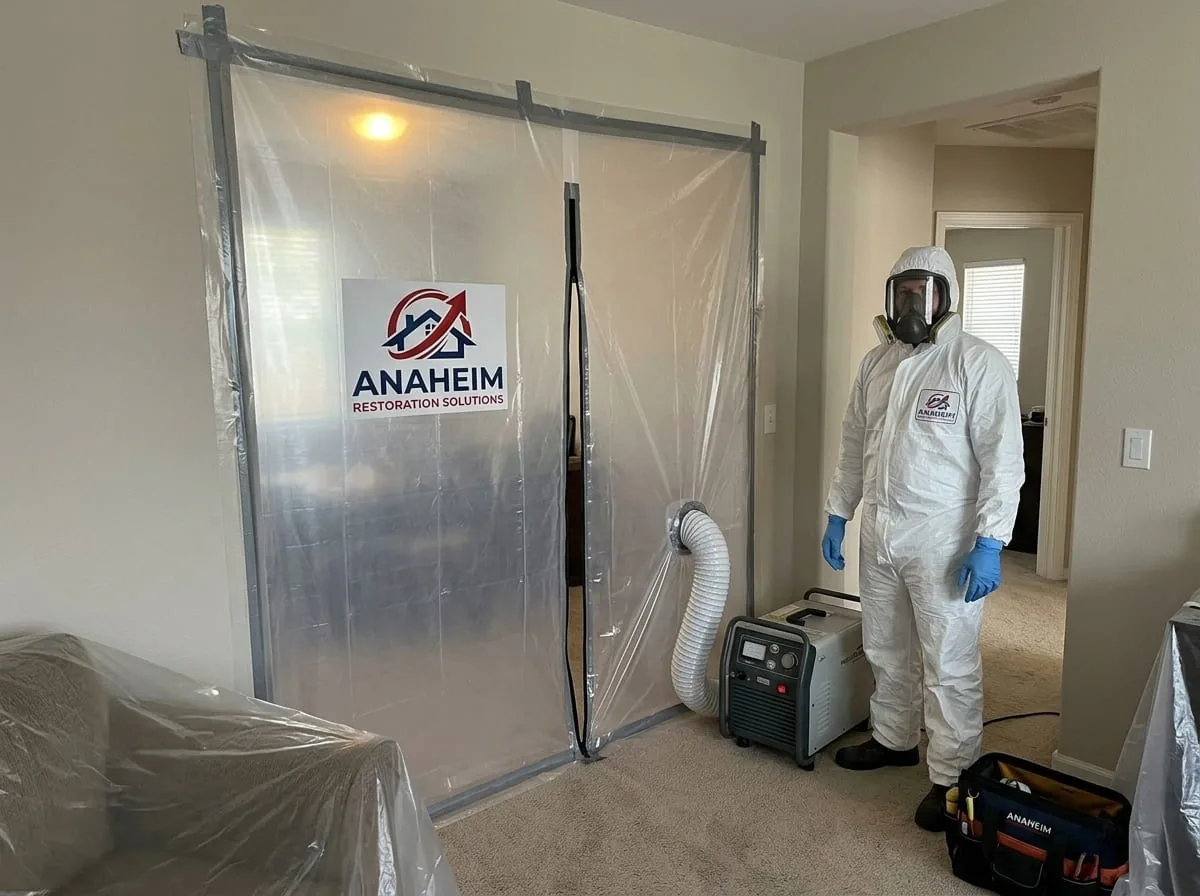 Technician in full protective suit standing beside a sealed plastic containment barrier with an air filtration unit and toolbag