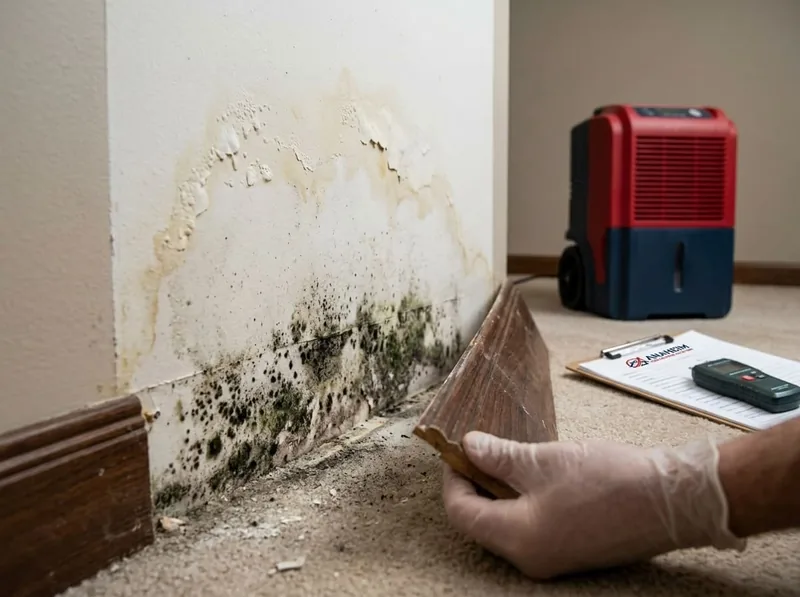 Close-up of mold growth spreading across water-stained drywall near a baseboard