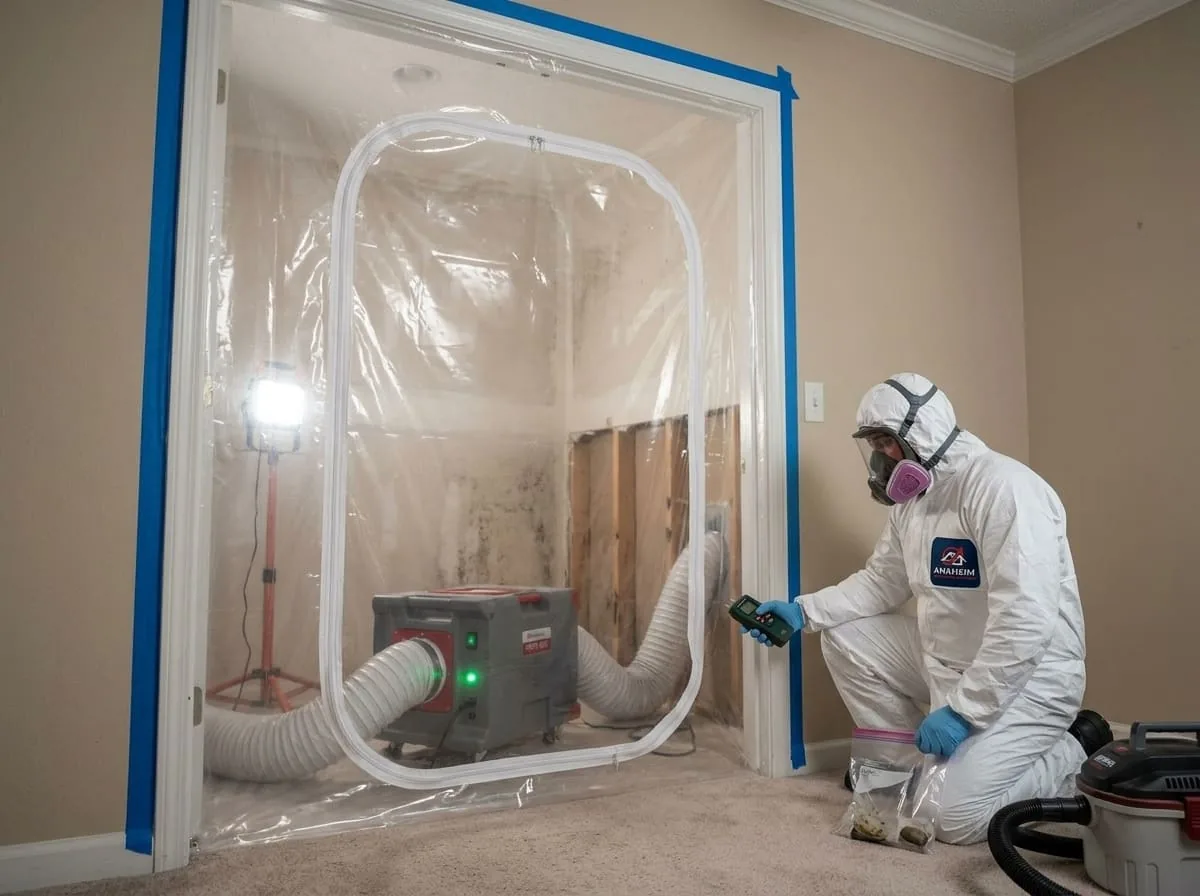Technician in full protective suit and respirator kneeling to inspect mold behind an opened wall cavity