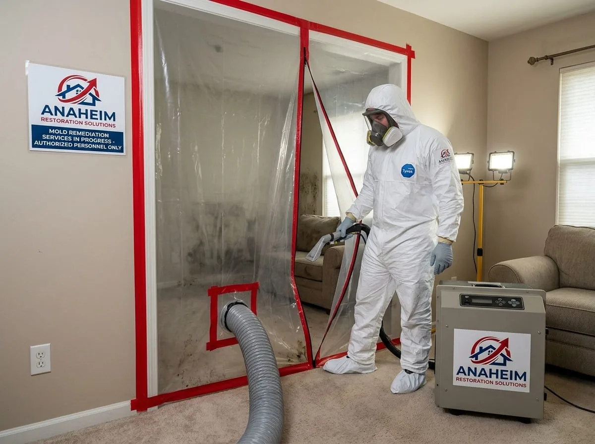 Sealed plastic containment barrier and air scrubber set up in a living room during mold remediation, with a posted work-area sign