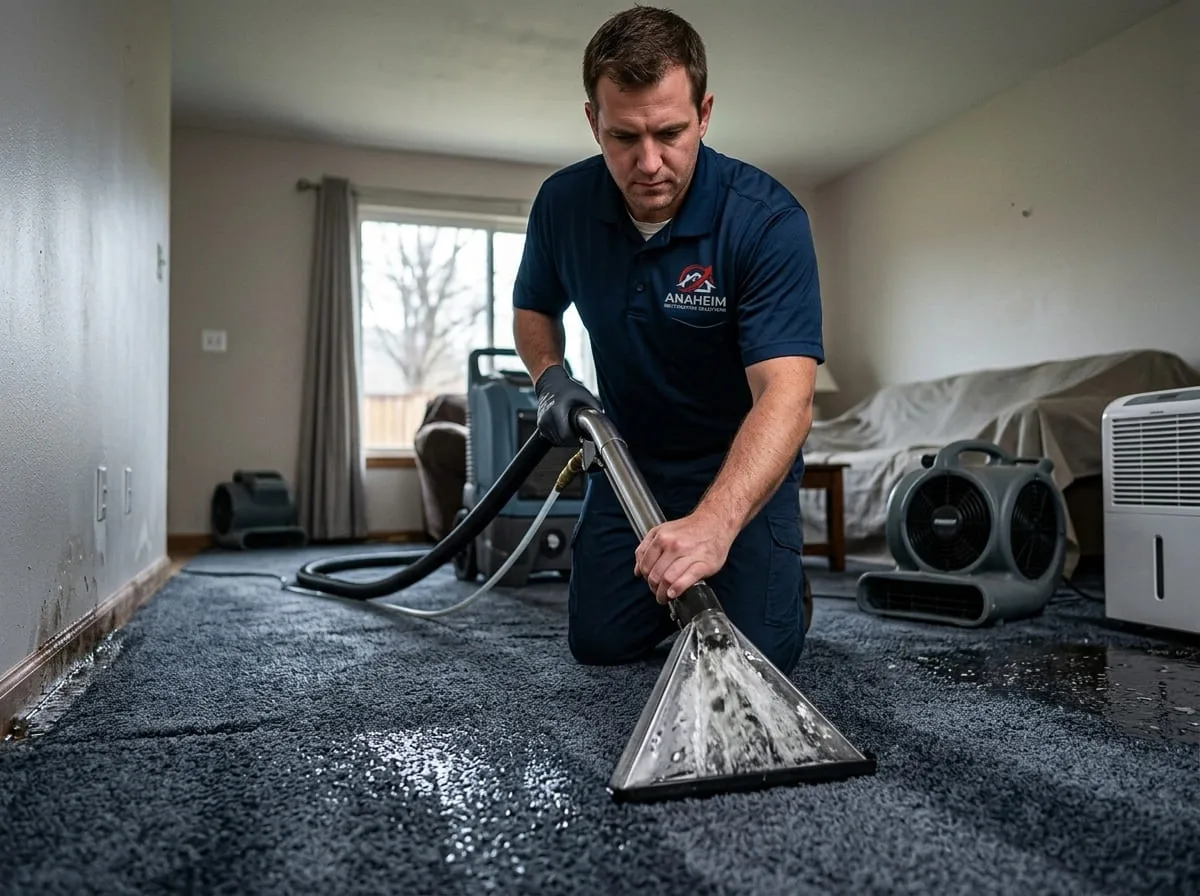 Technician extracting water from bedroom carpet with extraction hoses running to a truck-mounted unit