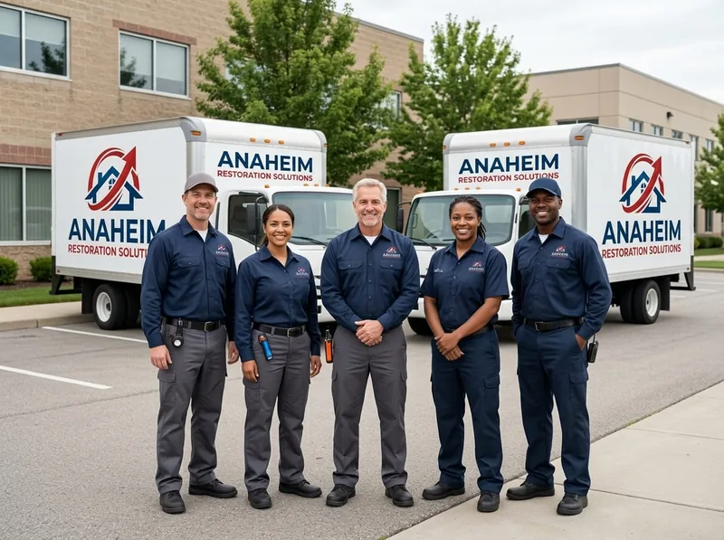 Restoration technicians standing together in front of two restoration service trucks