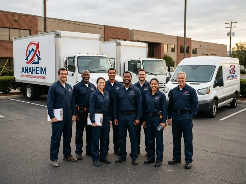 A group of restoration technicians in uniform standing in front of restoration service trucks and a van