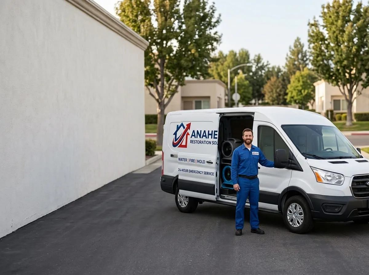 Technician standing at the open side door of a restoration service van loaded with extraction equipment
