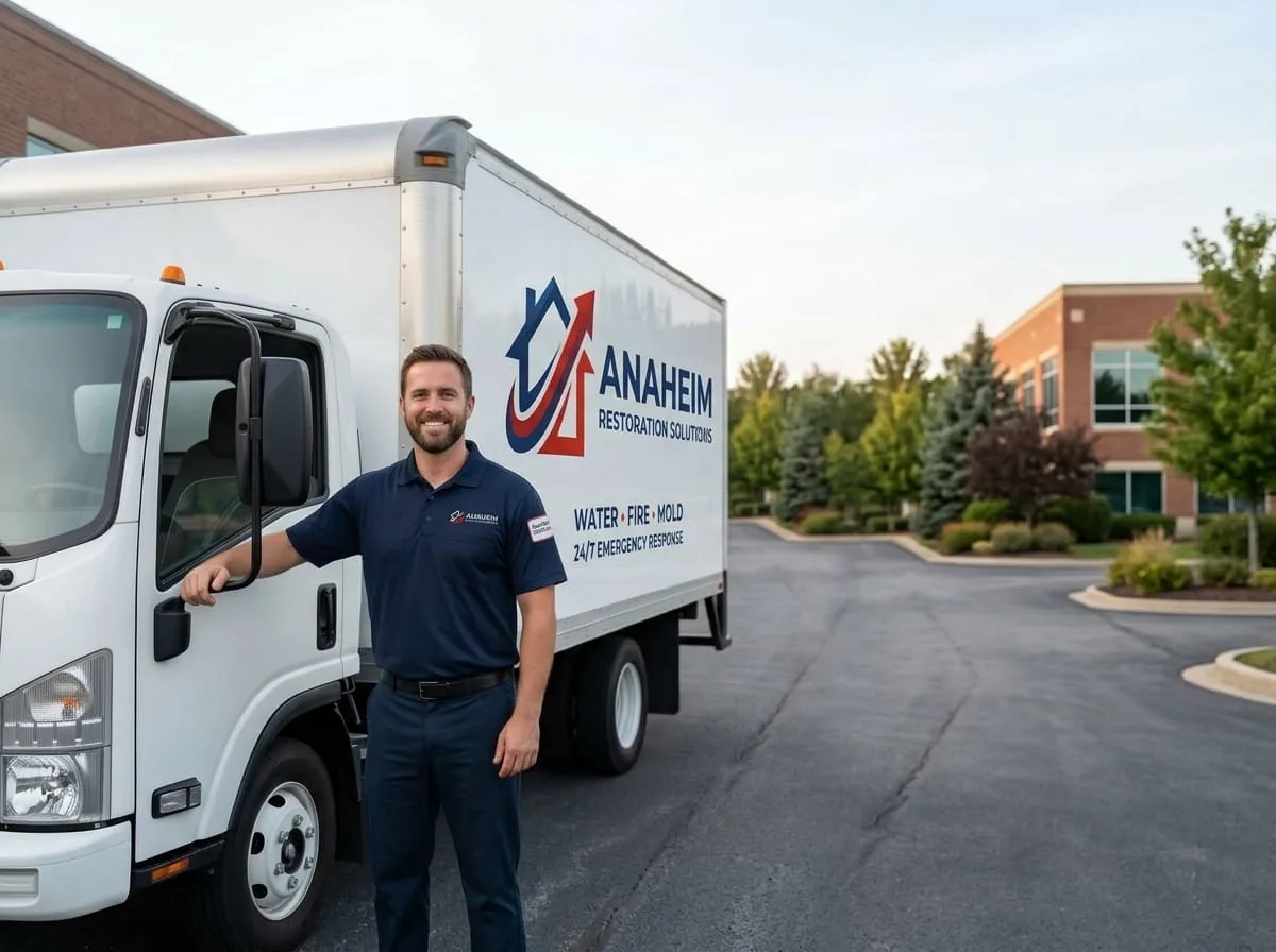 Technician standing beside a restoration service van labeled Water, Fire, Mold, 24-Hour Emergency Service