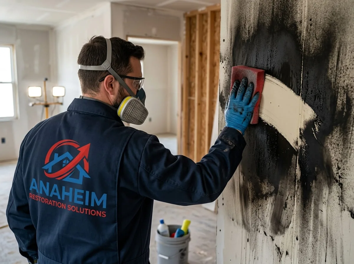 Technician using a soot sponge to clean heavy soot residue from a wall near exposed wall studs