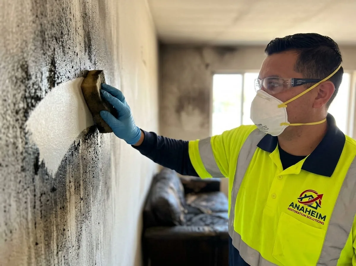 Technician in a high-visibility shirt wiping soot residue from a wall with a cleaning sponge