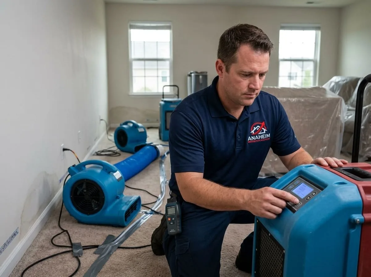 Technician adjusting a commercial dehumidifier surrounded by air movers in a room with exposed wet drywall