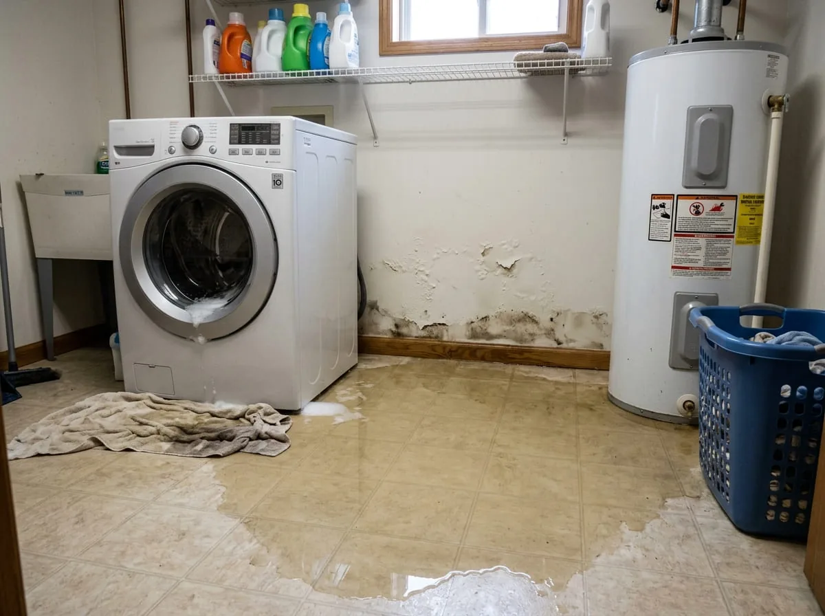 Water pooling across a laundry room floor from an overflowing front-load washing machine, with visible mold staining on the wall