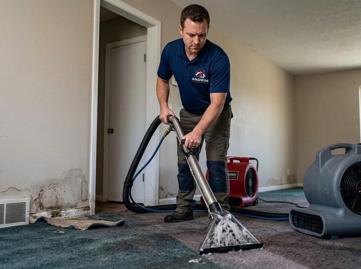 Technician using a carpet wand to extract standing water from carpet in a room with visible wall mold staining